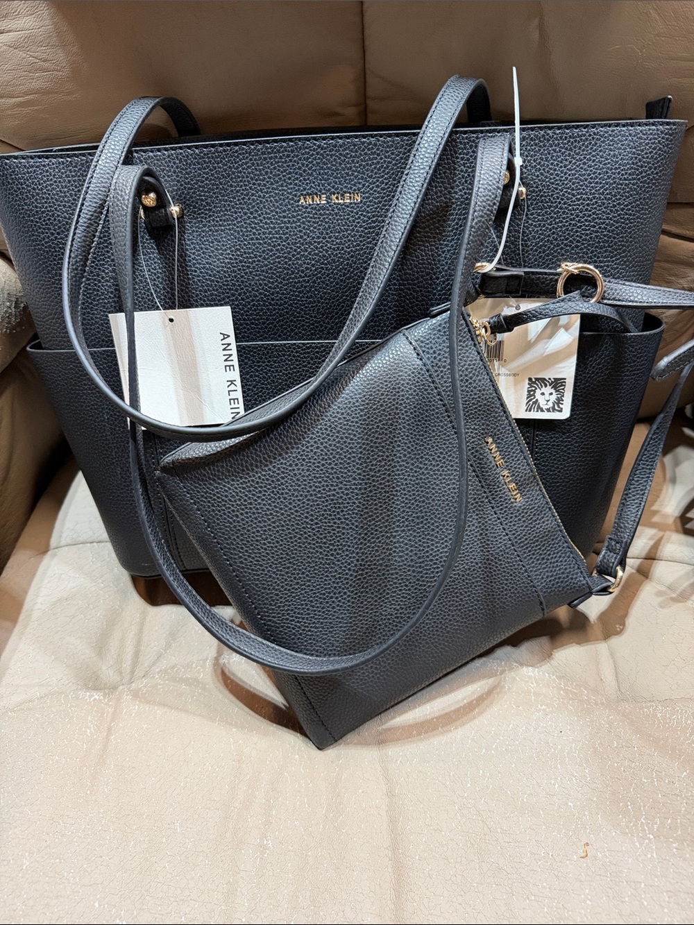 Anne Klein Black Pebbled Leather Tote with Matching Pouch
